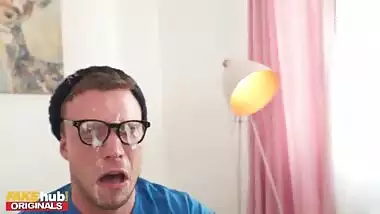 FAKEhub - Hot Indian British model with big ass and small tits licks the cum of dorks glasses after he accidentally cums on his own face